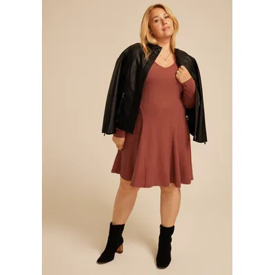 Maurices Plus Size Women's 24/7 Textured Knit V Neck Skater Dress Brown Size 0X