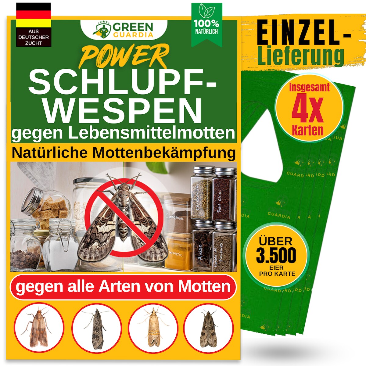 Green Guardia Schlupfwespen gegen Lebensmittelmotten 4 Karten - Effektiv Motten bekämpfen / Bio- Mittel gegen Motten, Alternative zu Chemischen Mottenfalle Image