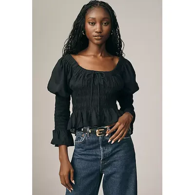 By Anthropologie Long-Sleeve Smocked Babydoll Top