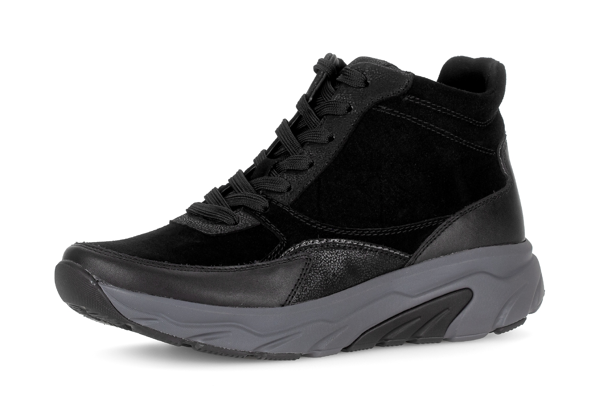 Keilsneaker GABOR ROLLINGSOFT, Damen, Gr. 37, grau (schwarz, anthrazit), Kalbsleder, Veloursleder, Schuhe, Schnürboots, High Top-Sneaker, Komfortschuh, gepolsterter Schaftrand