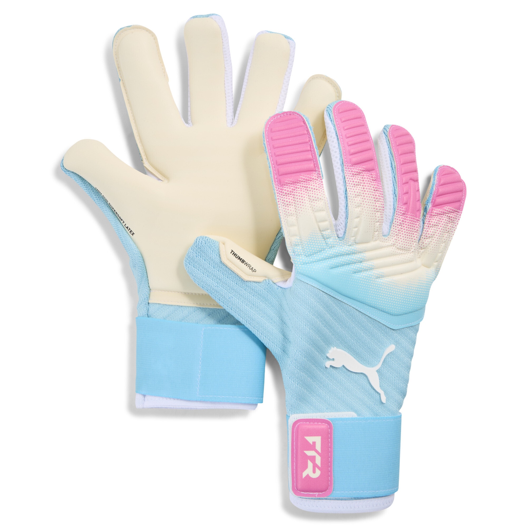 Torwarthandschuhe PUMA "FUTURE Pro RE-CHARGE Torwarthandschuhe Unisex", Damen, Gr. 8, weiß (sunset pink hero blau weiß), 54% PES, 45% Latex, 1% PU, Handschuhe Image