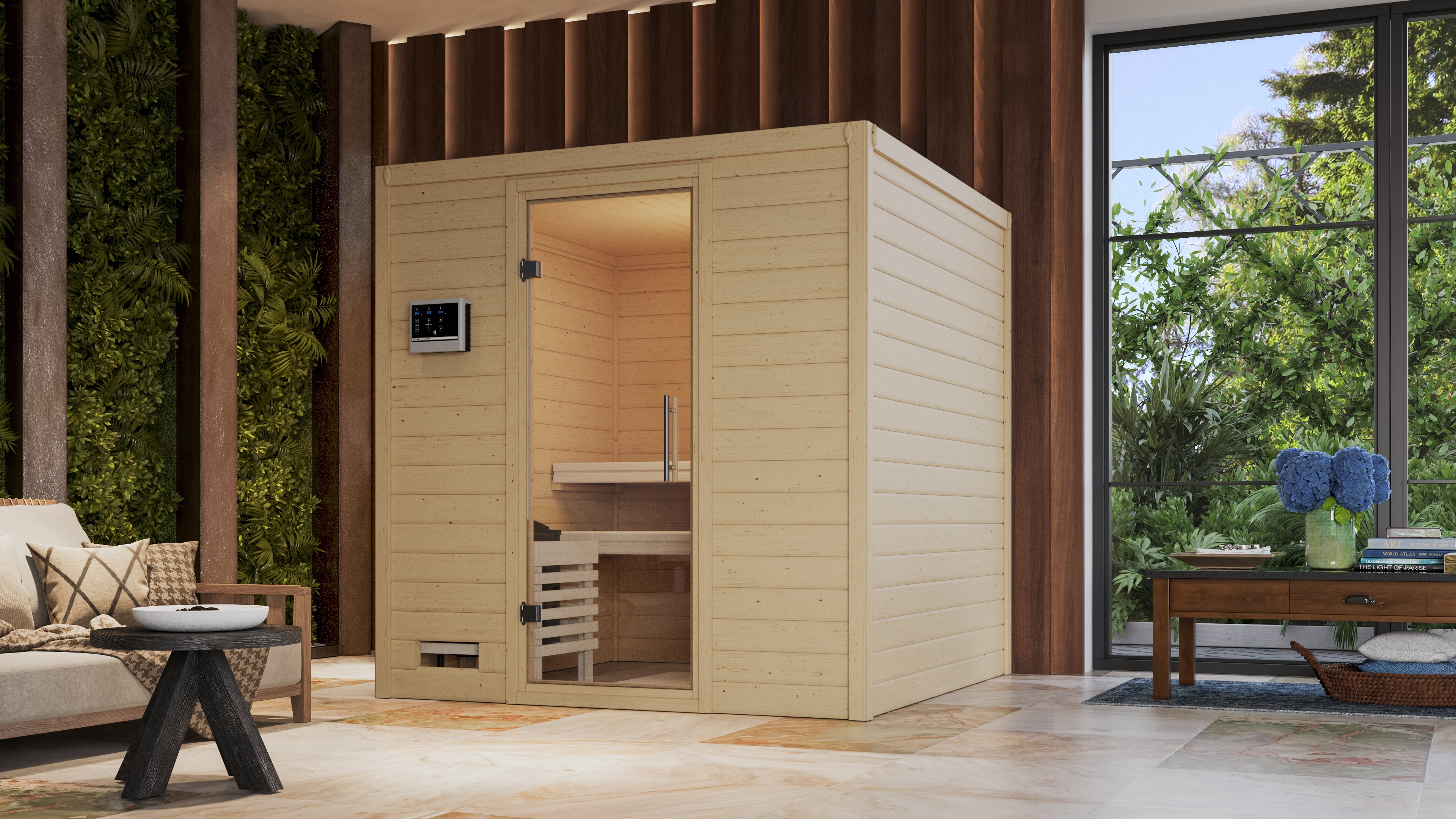 Sauna KARIBU "Menja", beige (naturbelassen), Bio-Kombiofen, externe Steuerung, 9 kW, Saunen, 9-kW-Bio-Ofen mit externer Steuerung Image