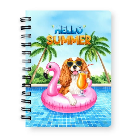 Hello Summer Cavalier King Charles Spaniel at Swimming Pool Flamingo Swim Ring Spiral Bound Journal Dog Lover Gifts 5x7in Spiral Notebook - 12009