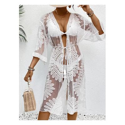 Damen Spitzen Offene Vorderseite Langarm Cover-Up Image