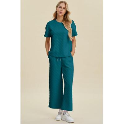 Damen Double Take Rundhals-Top mit kurzen Ärmeln und Hose im Set Image