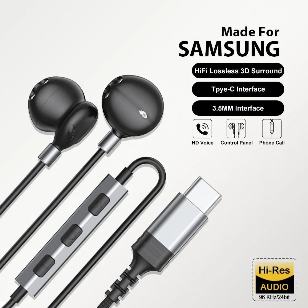 Per Samsung Cuffie HiFi Bass Stereo Controllo del volume con microfono USB Tipo C 3,5 mm per Galaxy S24 S23 S22 S21 Auricolare ultra cablato