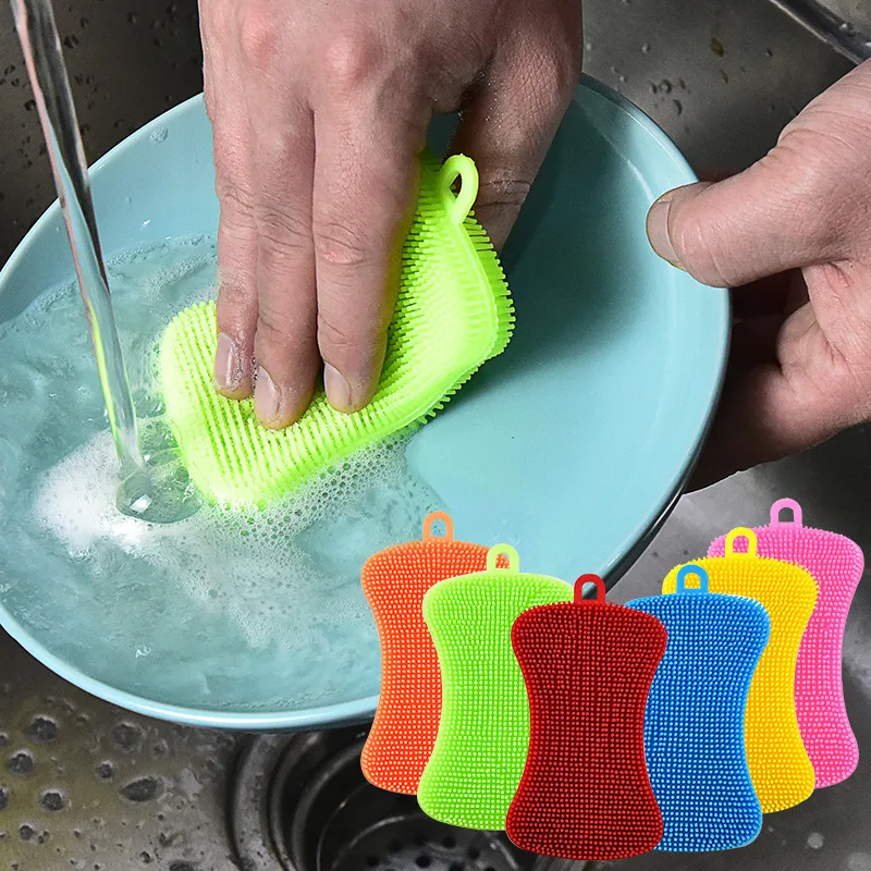 1/2/4pcs Kitchen Silicone Sponge Dish Washing Scrubber Household Cleaning Sponge Kitchen Gadgets Brush Accessories For Dishes