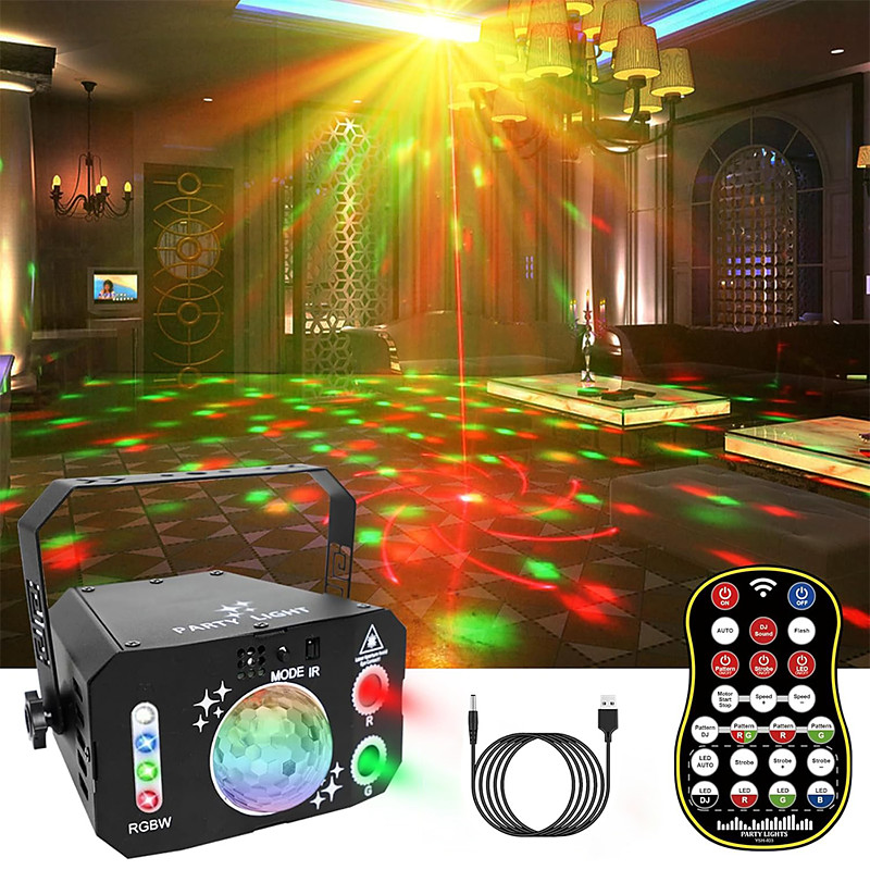 3 in 1 USB Sound Activated Party Light Disco Ball LightsRGBW 4 Lens Dj Strobe Stage Lighting with Remote Control for Parties Indoor Dance Karaoke KTV Show Club