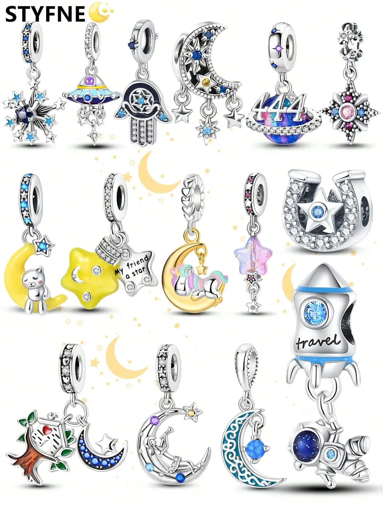 Edelstein-Mond-Sterne-Perlen-Charm, versilbert, passend für Charms aus Silber 925, Original-Armband für die Schmuckherstellung, DIY-Charm Image