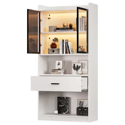 Curio Display Cabinet with Light, Storage Shelves with Pop-up Glass Doors Collectibles Cabinet Display Shelf, Bookshelf Showcase