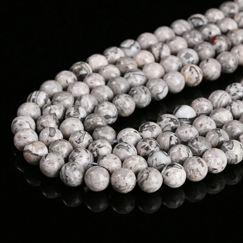 Naturstein Grau Karte Jaspis Perle Runde Lose Spacer Perlen 15" Strang 4 6 8 10 12MM für Schmuckherstellung DIY Halskette Armband Image