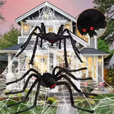 Halloween-Riesenspinne, Halloween-Dekoration für drinnen und draußen, gruselige Requisiten, große, gruselige, lebensechte Plüsch-Fake-Spinne, dehnbares Spinnennetz-Dekor Image