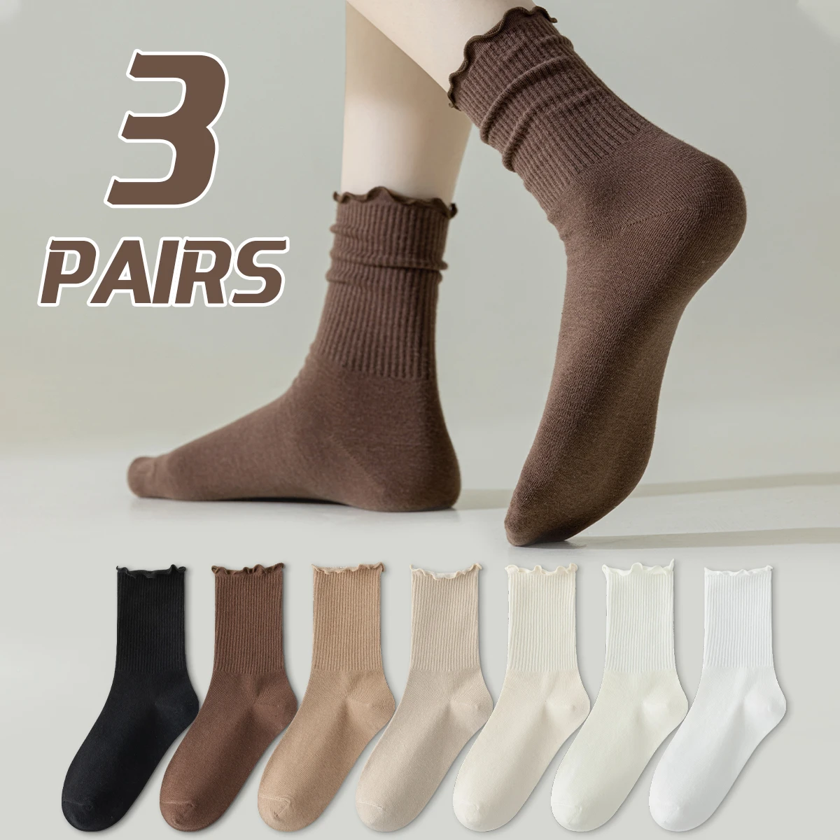 5 Paar Damen-Socken aus Baumwolle für vier Jahreszeiten, einfarbig, einfacher Ohrrand, modischer College-Stil, bequem, atmungsaktiv, Mittelsocken Image