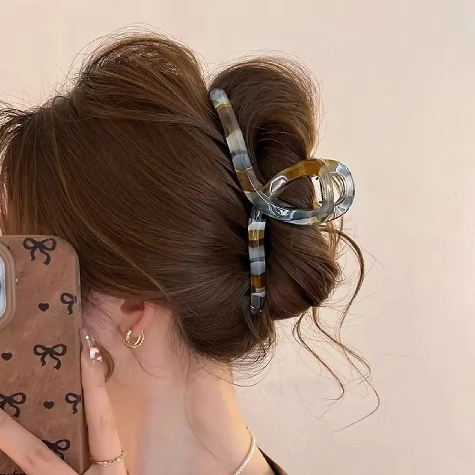 1PC Retro, literarischer Stil, Farbblockierung, Halteklammer, weiblich, groß, neu, Hai-Clip, Premium, Hinterkopf, Haarspange, Haar-Accept Image