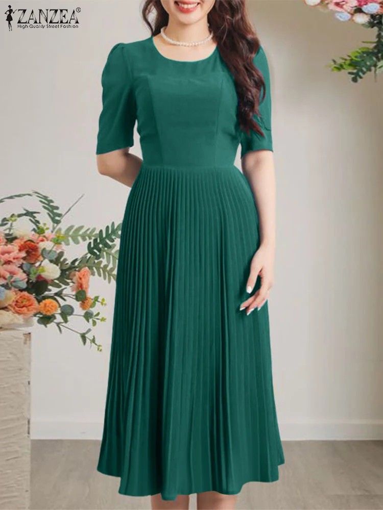 2023 frauen Herbst Kleid ZANZEA Elegante Gefaltete Kleider Stilvolle Party Arbeit Sommerkleid Casual O Neck Halbe Hülse Solide Midi Vestidos Image