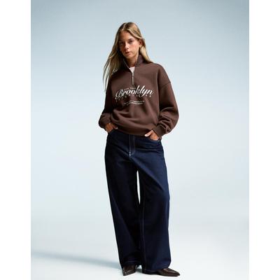 Bershka Printed Quarter-Zip Sweatshirt Women Xs Brown