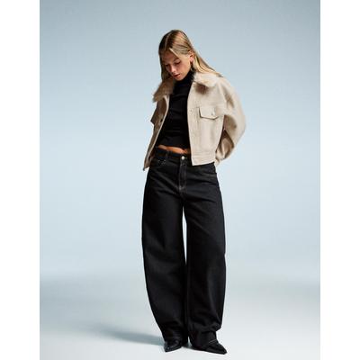 Bershka Soft Trucker Jacket With Faux Fur Collar Women Xs Camel