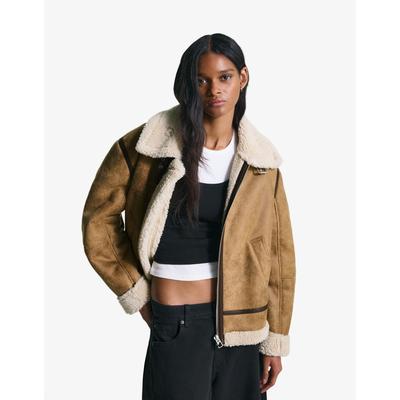 Bershka Faux Shearling Biker Jacket Women Xs Camel