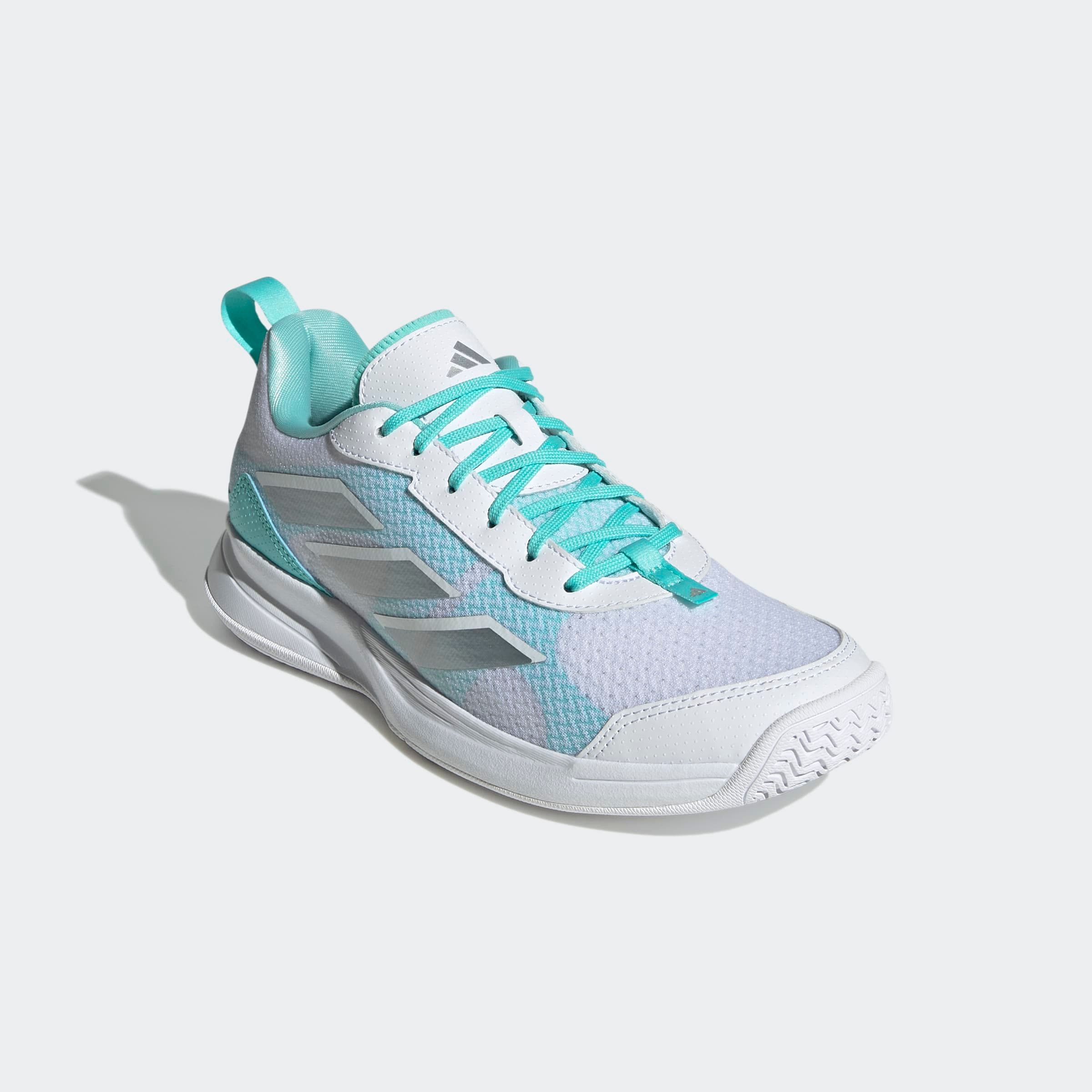 Tennisschuh ADIDAS PERFORMANCE "AVAFLASH LOW", Damen, Gr. 40, silber (cloud weiß, silber metallic, flash aqua), Synthetik, Textil, Schuhe, geeignet für Hartplatz und Sandplatz