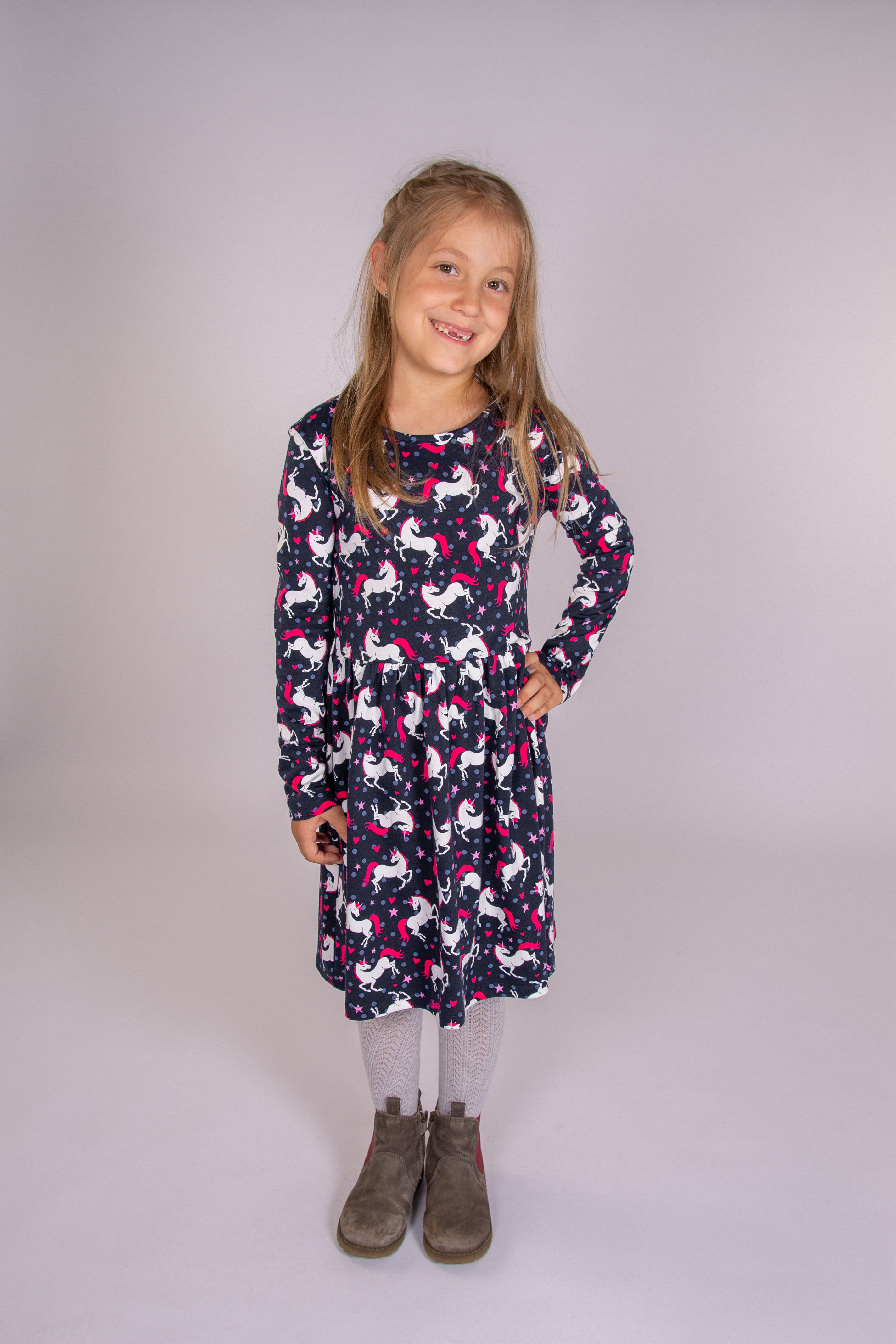 Midikleid HAPPY GIRLS, Mädchen, Gr. 152, N-Gr, blau (navy), Jersey, Obermaterial: 100% Baumwolle, bedruckt, regular fit, Rundhals, Kleider Image
