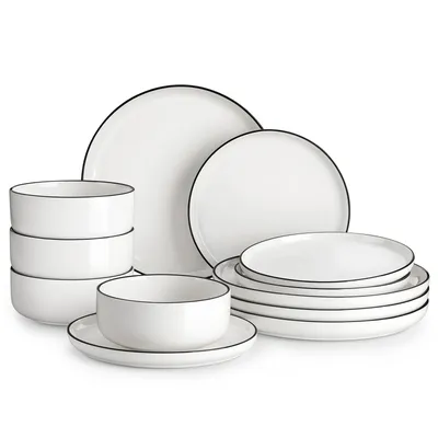MALACASA 12/24 Piece Black Rim Ceramic Porcelain Dinnerware Set with 4/8 Pcs Dinner/Dessert Plates/Bowl Tableware Set for 4