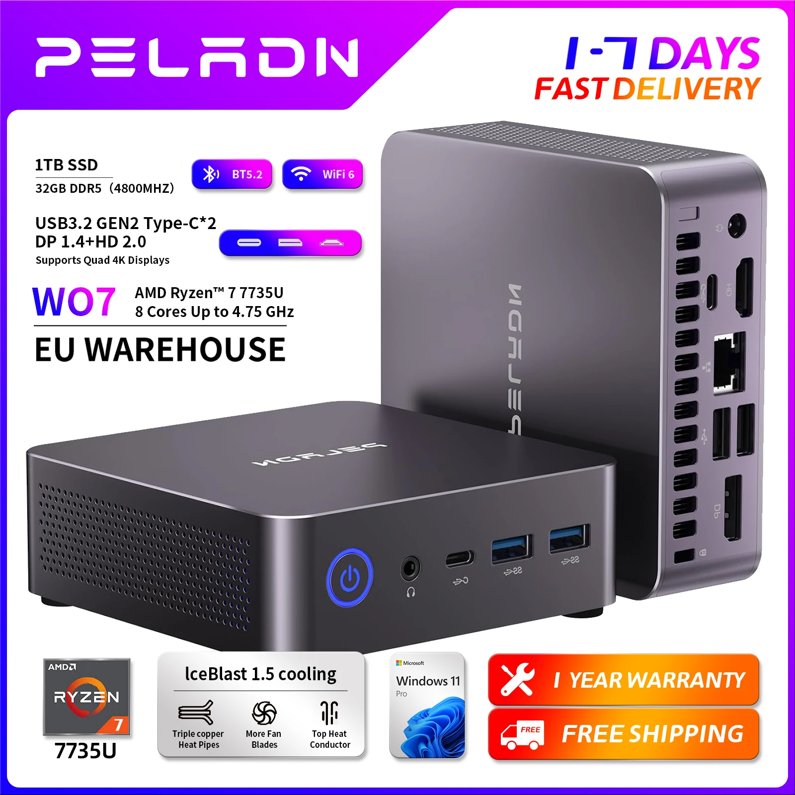 PELADN WO7 Mini-PC AMD Ryzen 7 7735U (8C/16T, bis zu 4,75 GHz) 32 GB DDR5 + 1 TB SSD WiFi6 BT5.2 Vierfach-Display-Mini-Computer Image