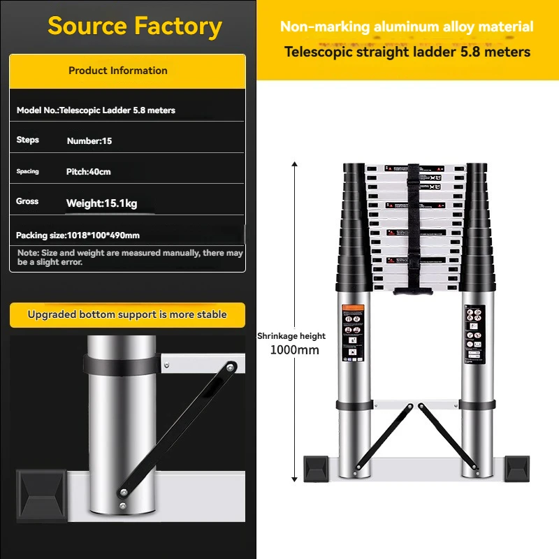 Teleskopleiter aus Aluminiumlegierung, Bereich von 2,2 m bis 6,2 m, mit fester Bodenstütze und Anti-Riss- und Anti-Fall-Design