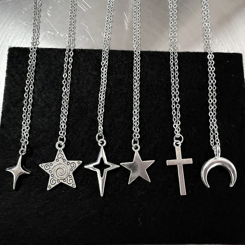 Y2K – collier à breloques étoile croix unisexe Grunge Punk, bijoux à la mode, pendentif, accessoire pour femmes et hommes, 45cm