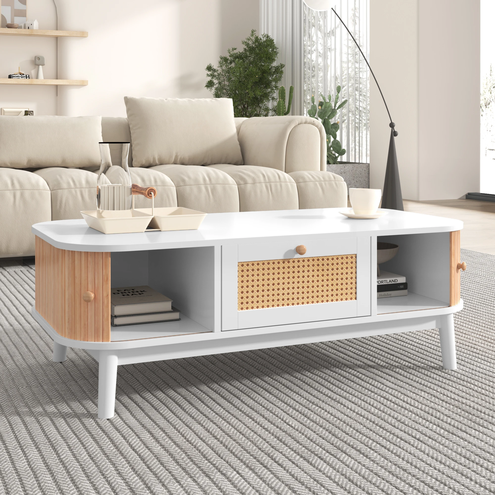 Anajqaqia 110×55×38,5 cm Couchtische, moderner Massivholztisch, mit Ablagefächern und Schubladen, geeignet für Wohnzimmer