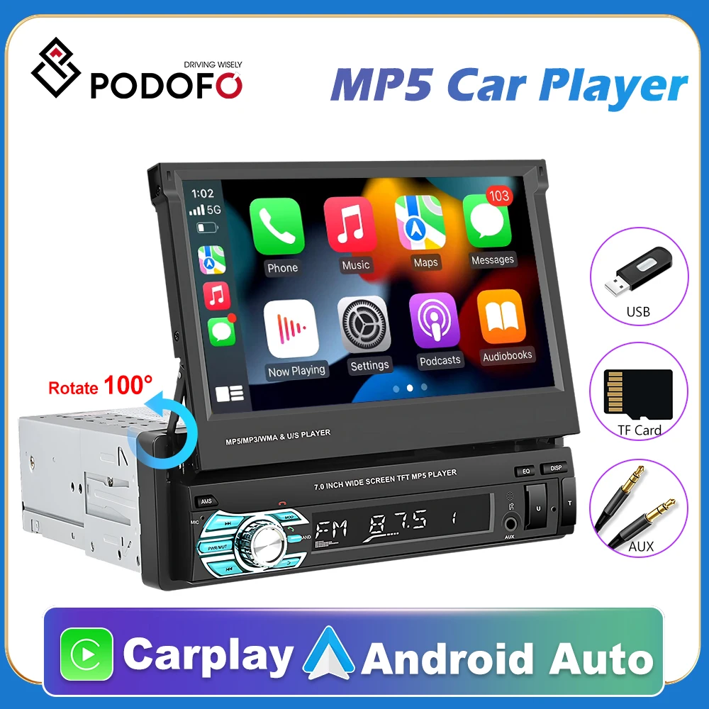 Podofo 1din Autoradio Android Carplay Stereo Universal Auto MP5-Player mit Bluetooth FM Radio Empfänger Unterstützung Rückfahr kamera Image