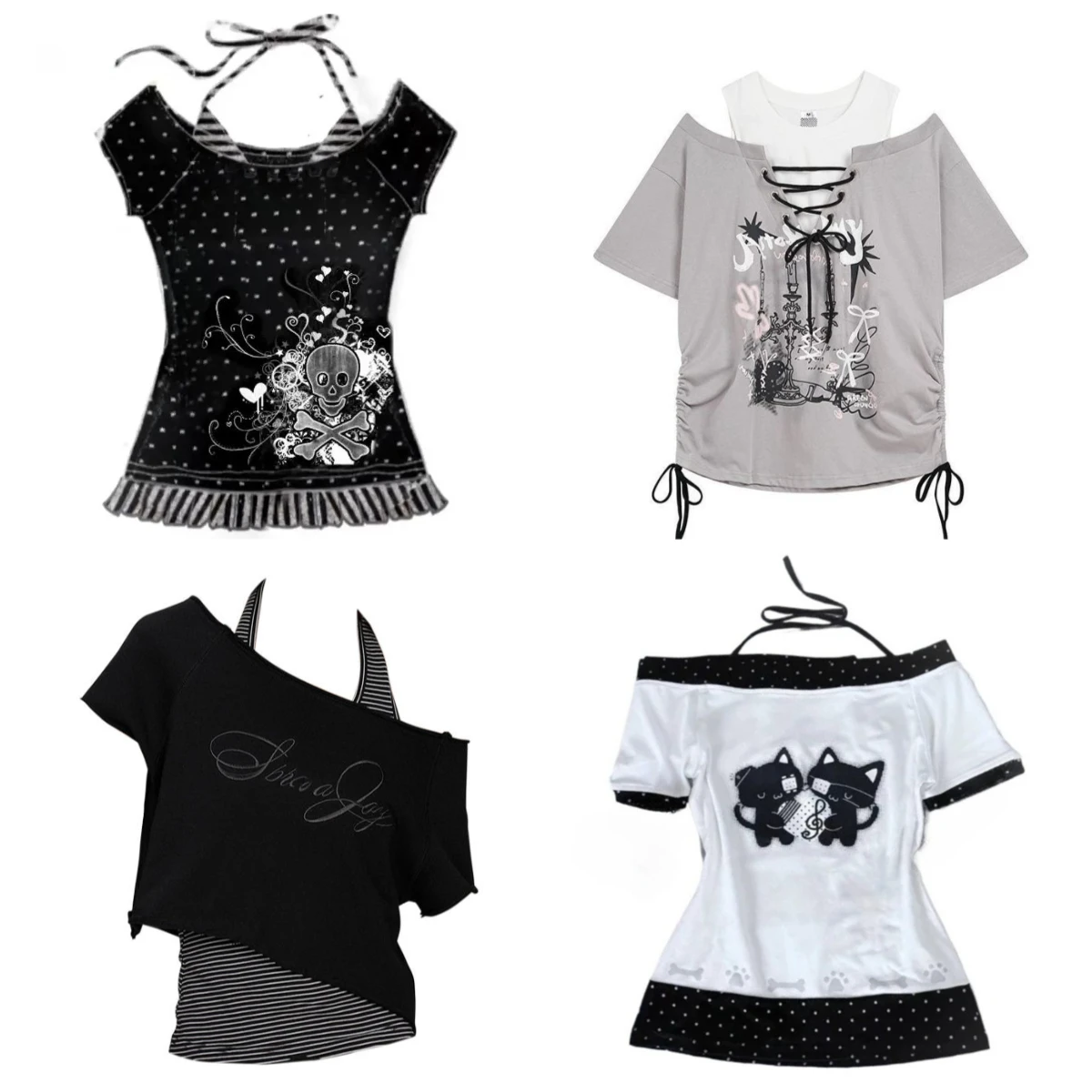 Skulls Punk T Shirt Women Slim Gothic Street Vintage Black Y2k Crop Top Femme Subculture T-Shirts Sexy Y2k Clothing 2000s Tees