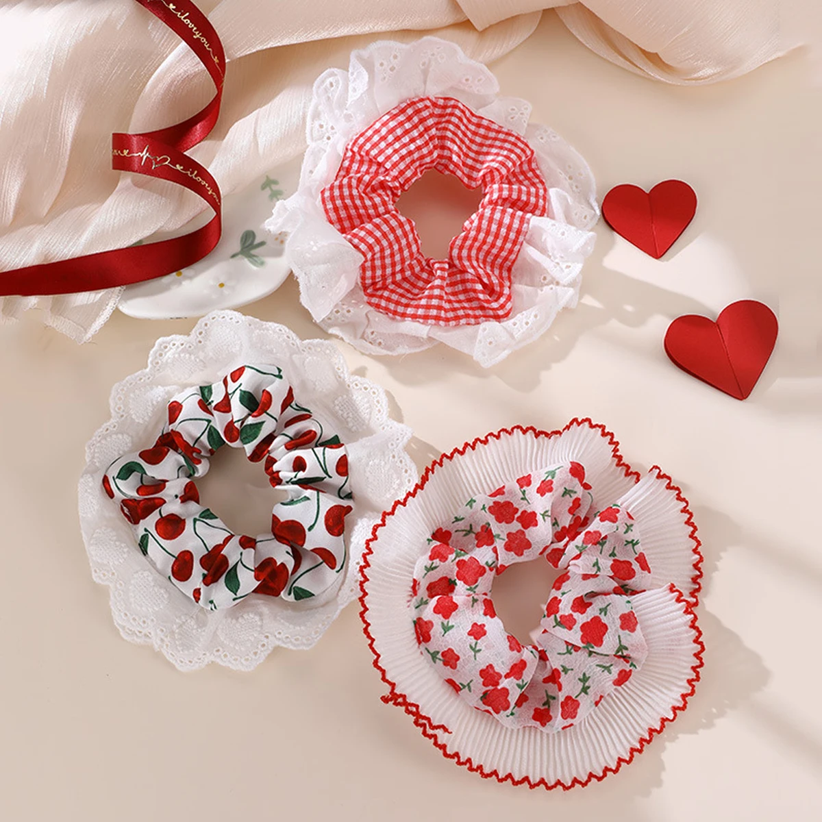 3 Stück rosa Spitzenkante Schachbrett Scrunchie Neujahr festliche Accessoires Damen Accessoires Valentinstag Haarschmuck