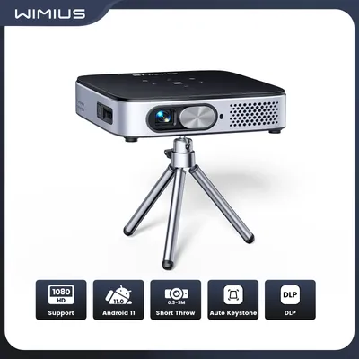 Wimius Android TV 11.0 Mini-Projektor, tragbar, DLP, eingebauter Akku, Short-Throw, WiFi6 BT5.2, 1080P, automatisches Keystone-Heimkino Image