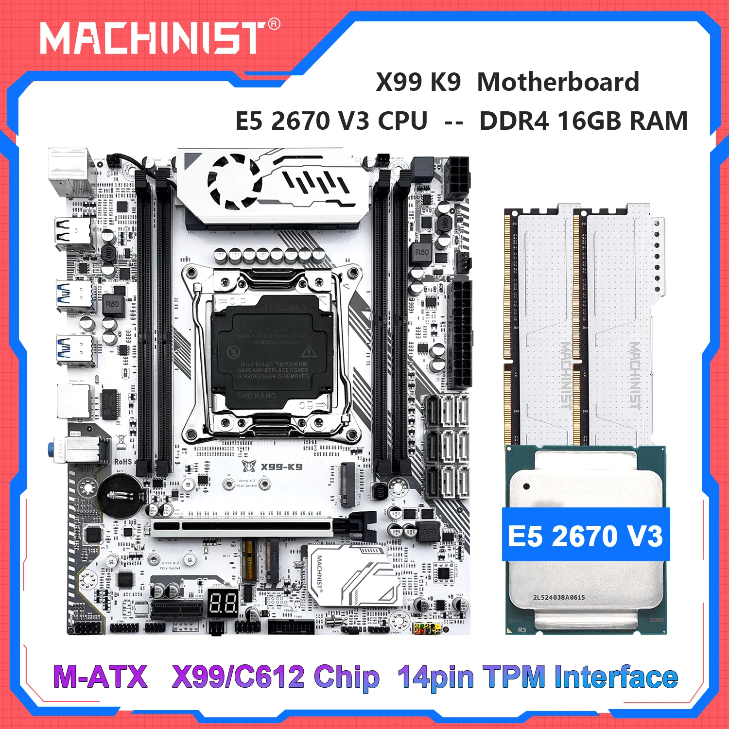 MACHINIST X99 K9 Motherboard TPM2.0 E5 2670 V3 LGA 2011-3 CPU 16GB DDR4 RAM C612 Chip Vierkanal USB 3.0 NVME M.2 Image