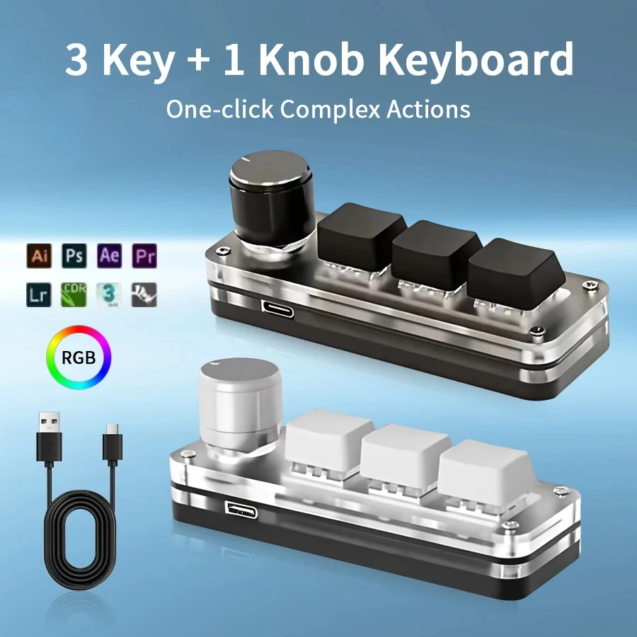 Mini-Makro-mechanische Tastatur, 3 Tasten, 1 Knopf, USB, RGB-Gaming, benutzerdefinierter Programmierknopf, tragbarer benutzerdefinierter 3-Tasten-Schalter für Photoshop Image