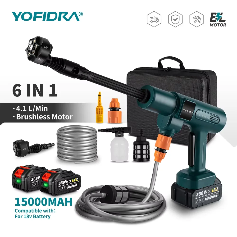YOFIDRA 200Bar Bürstenlose Elektrische Hochdruck Wasser Spritzpistole 3500W 6IN1 Auto Sauber Waschmaschine Garten Werkzeug Für makita Batterie Pin