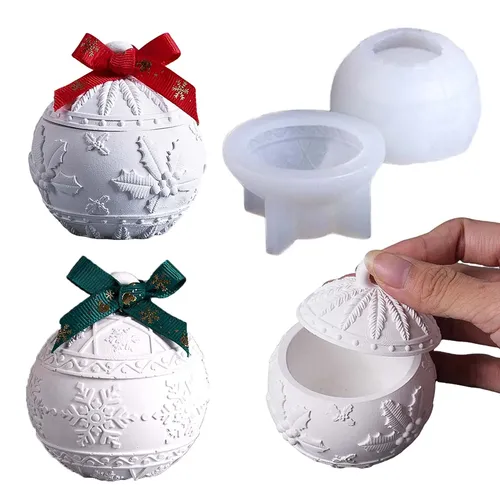 Pot de bougie boule de noël, moule en Silicone avec couvercle, bricolage, soulagement 3D des neiges, des baies, pot rond en béton, moules de bougie parfumée