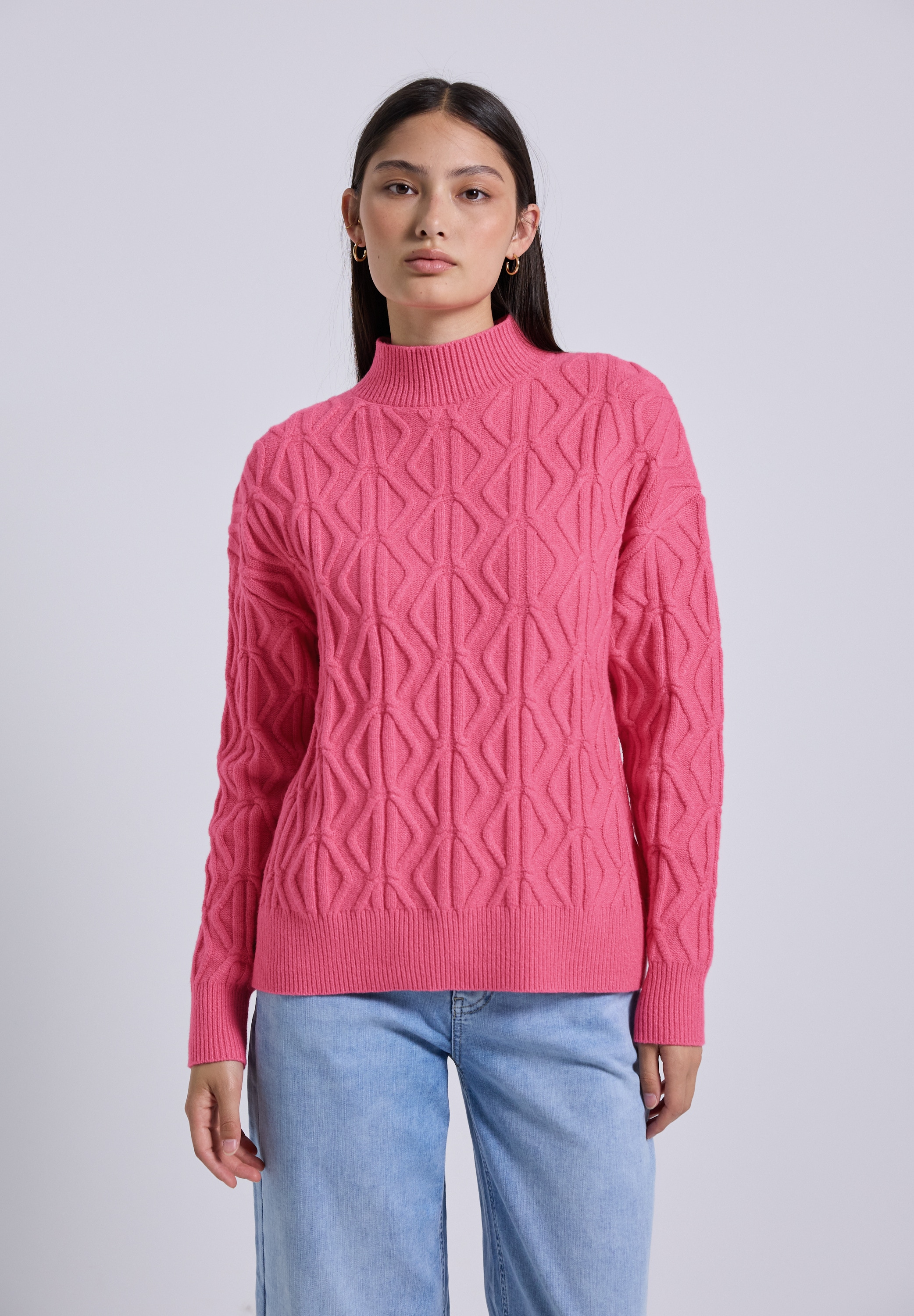 Strickpullover STREET ONE STUDIO, Damen, Gr. 36, rosa (candy pink meliert), Web, 35% Baumwolle, 32% Polyacryl, 28% Polyester, 5% Elasthan, unifarben, Casual, normal normal, hoch geschlossener Ausschnitt, Strickbündchen, Pullover, mit Turtleneck