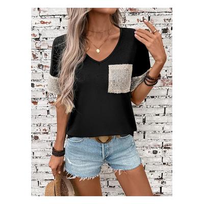 Damen Pailletten V-Ausschnitt Kurzarm T-Shirt Image