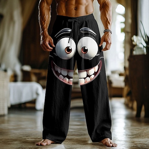 Herren 3D Zeichentrick Lächelndes Gesicht Hose Baggy-Hosen Freizeithose Mittlere Taille Lustig Outdoor Urlaub Heim Elastischer Kordelzug in der Taille Leinenähnliche Hose mit Taschen Frühling Herbst Image