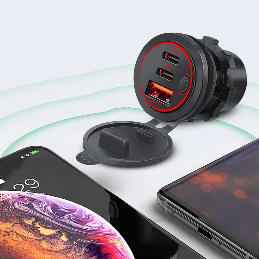 12V-24V Autoladegerät Buchse 3 Ports PD Typ C QC 3.0 Schnellladeadapter Wasserdichter USB-Steckdose Autoladegerät für Auto RV Marine Image