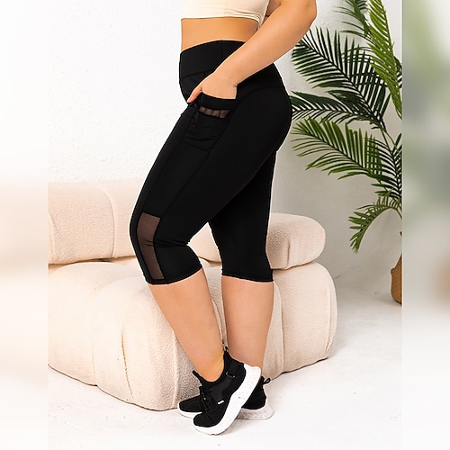 Damen Kurz geschnittene Leggings Yoga-Leggings Mit Taschen Große Größe Bauchkontrolle Hohe Taille Fitnessstudio sportlich Laufen Unterteile Einfarbig Schwarz Grau Herbst Sport Sportkleidung Image