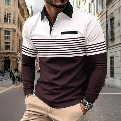 Herren Horizontale Streifen Polo Langarm Polo-Shirts Hemden mit Kragen Business-Casual Geschäft Athleisure Alltagskleidung Tasche 3D-Druck Knöpfe Frühling Herbst Winter Dunkel Braun Schwarz Marineblau Image
