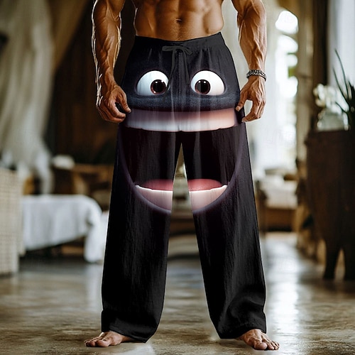 Herren 3D Zeichentrick Lächelndes Gesicht Hose Baggy-Hosen Freizeithose Mittlere Taille Lustig Outdoor Urlaub Heim Elastischer Kordelzug in der Taille Leinenähnliche Hose mit Taschen Frühling Herbst Image