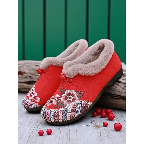 Rote, bestickte Slipper mit Fellfutter und Blumenmuster für Damen, warme Winterschuhe für Weihnachten, die Feiertage und die Freizeit Image
