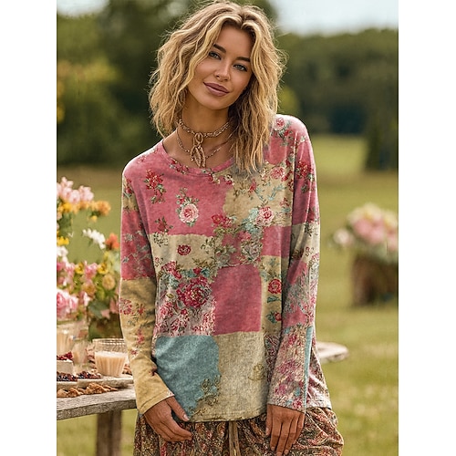 Frauen 3D Druck T-Shirt Floral Grafik Gradient Elegant Vintage Stilvoll Langarm Crew Neck Rundhals Reguläre Tops Alltag Ausgehen Wochenende Gelb Rot Grün Off-White Frühling Herbst Image