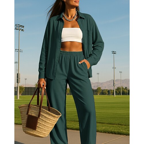 Per donna Pantaloni a gamba larga Abito casual Giacca da camicia con tasca Tinta unita Completo Abbigliamento Autunno Bianco Verde Chiaro All'aperto Viaggio Sportivo Vita Alta Traspirante Manica Lunga