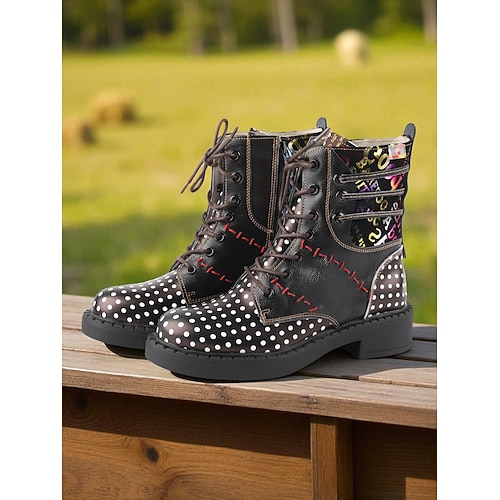 Grüne gepunktete Damen-Schnürstiefeletten aus Leder mit buntem Patchwork-Design, bequeme, flache Absätze, lässige Outdoor-Schuhe Image