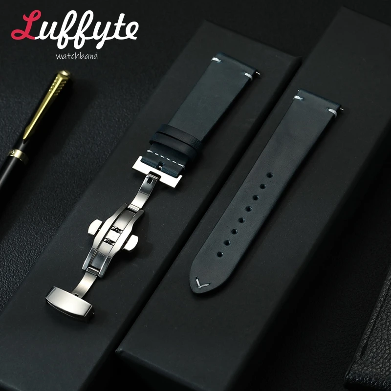 Frauen Männer Schmetterling Verschluss Echtes Leder Armband 18mm 20mm 22mm Ersatz Armband Öl Wachs Haut Quick Release uhr Strap Image