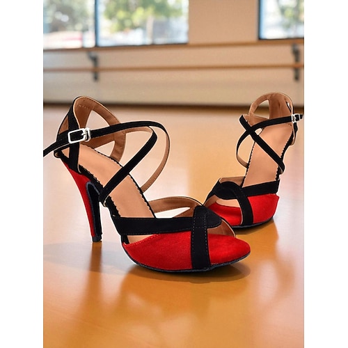 Blaue und schwarze Damen-Latein-Tanzschuhe aus Wildleder mit gekreuzten Riemen, offener Spitze und hohem Absatz – professionelles Standard-Performance-Schuhwerk für Wettkämpfe und Training Image